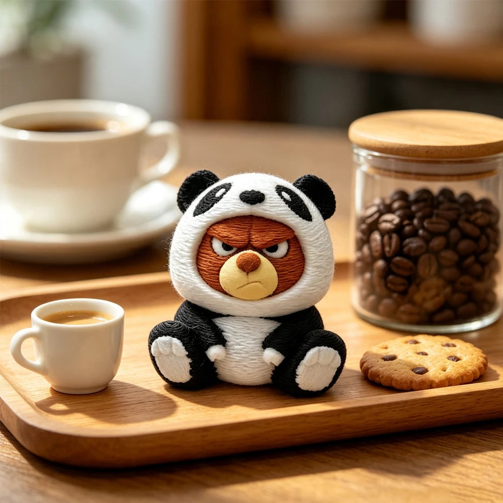 3D Printed Bear Figurine in Panda Jacket – Plastic Collectible Ornament for Home, Car & Desk Decor