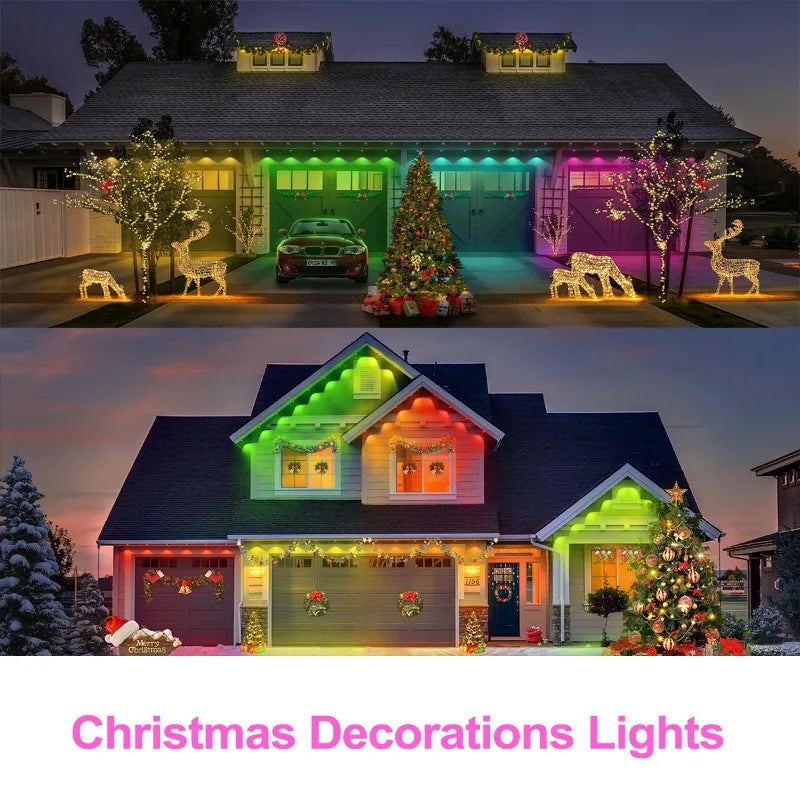 FanzyMarket RGBIC eave string lights outdoor LED strip, 15/30/60m with remote, app control, IP67 weatherproof holiday lighting