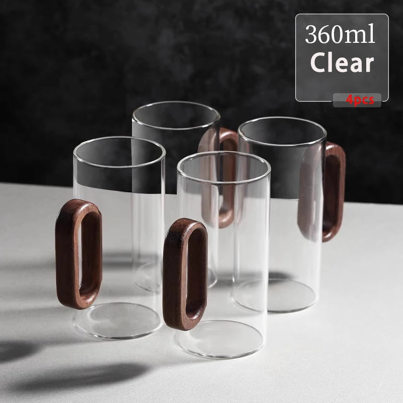 2/4/6-Pack Borosilicate Glass Mugs with Walnut Wooden Handle, 360 ml (12.2 fl oz) Heat-Resistant Teacup Set for Coffee, Milk & Juice