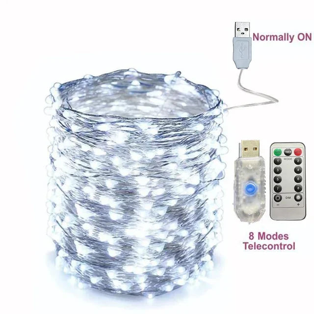 USB Fairy LED String Lights — 1/2/5/10/20/30M (3.3–98.4 ft) Silver Wire, 8 Modes & Remote, Multicolor