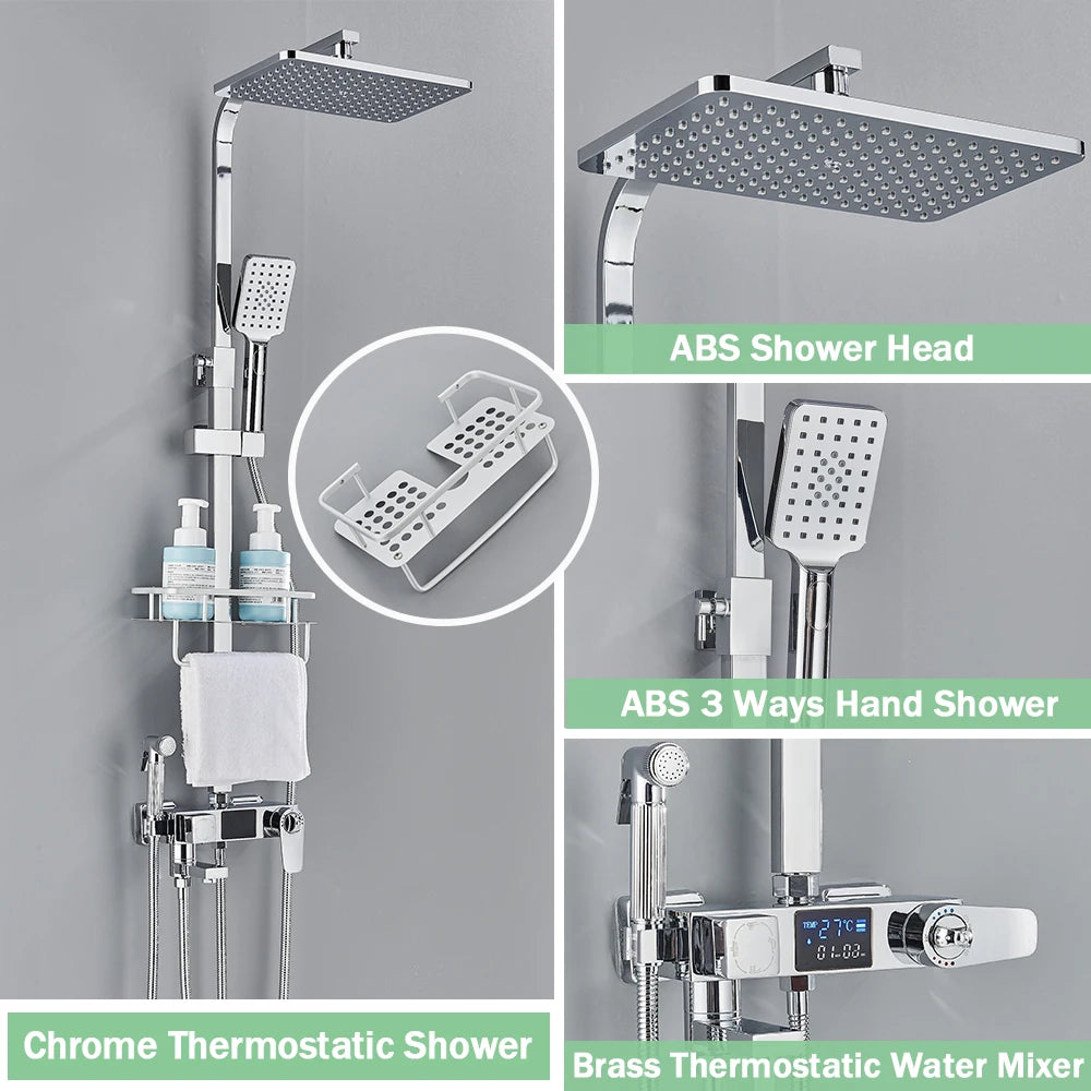Black Digital Thermostatic Shower System 10-Inch (25.4 cm) Rainfall Head 4-Way Mixer with Digital Display, Slide Bar Shelf & Bidet Faucet