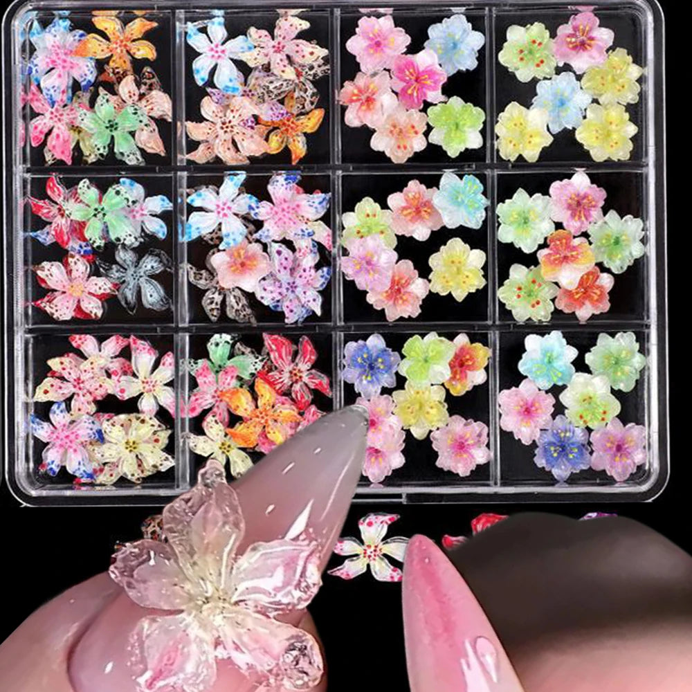 72-Piece 3D Crystal Jelly Nail Charms – Transparent Floral, Leopard & Hibiscus Nail Art Decorations