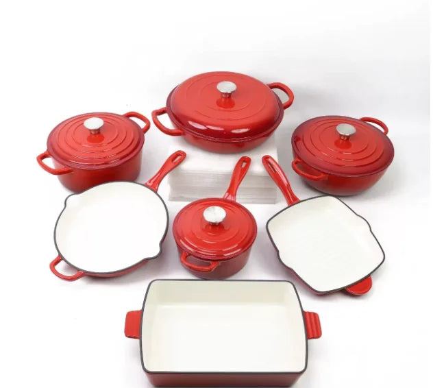 11-Piece Enamel Cast Iron Cookware Set – Induction & Oven Safe Pots, Skillet & Baking Pan (19cm, 24/26/30cm, 24cm, 26cm, 33×23cm)