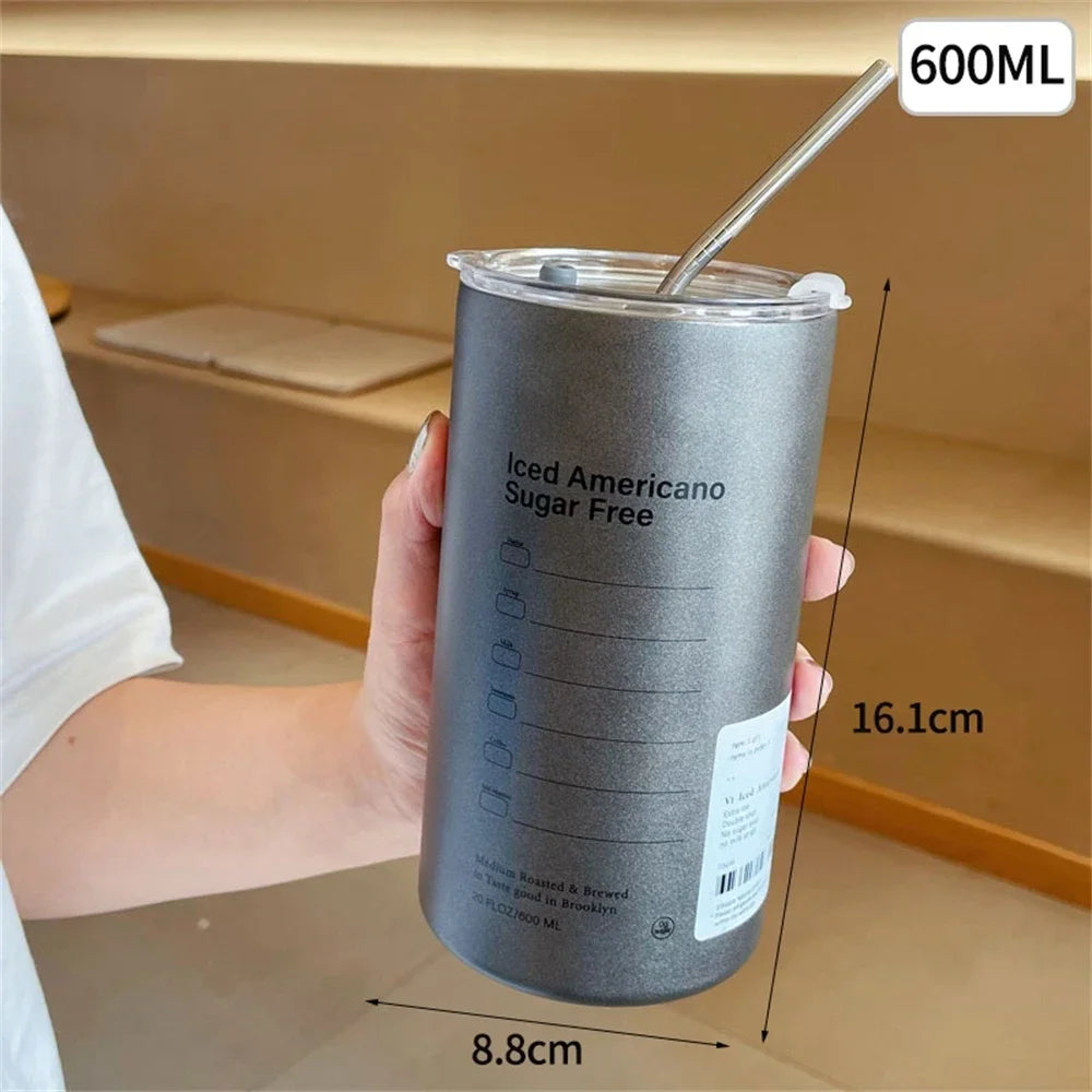 Portable 600ml (20 oz) 304 Stainless Steel Vacuum Thermos with Straw - Insulated Leak-Proof Travel Coffee Mug