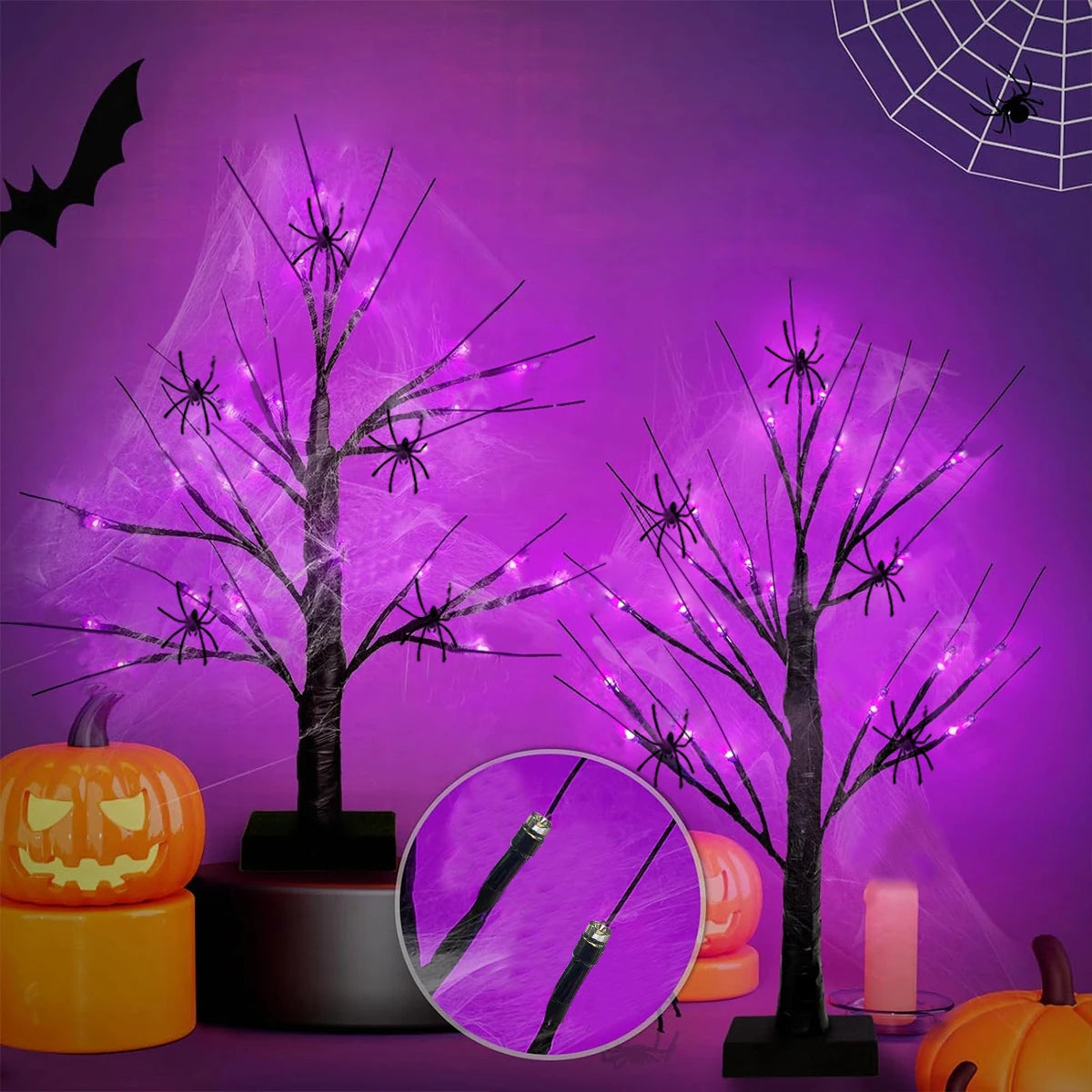 24-LED Black Birch Tree Table Lamp with Stretch Cobweb & 5 Spiders – Halloween Party LED Home Decor