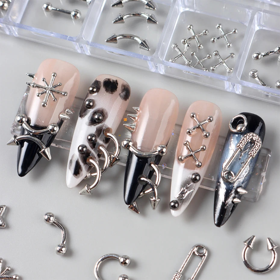 12-Grid Silver Gothic Punk Nail Charms - Metal Rivet Studs for DIY Nail Art Y2K Grunge