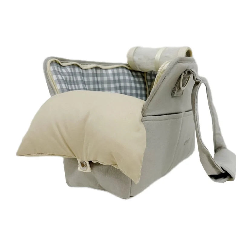 FanzyMarket portable cotton pet sling carrier for small dogs and cats, shown in medium size with shoulder and handbag design.