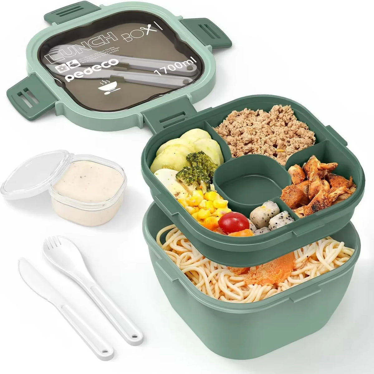 All-in-One Salad Lunch Container 50 fl oz (1.5 L) Stackable Bento Box – 3-Compartment Tray, Leak-Proof Dressing Cup & Reusable Utensils, Dishwasher & Microwave Safe