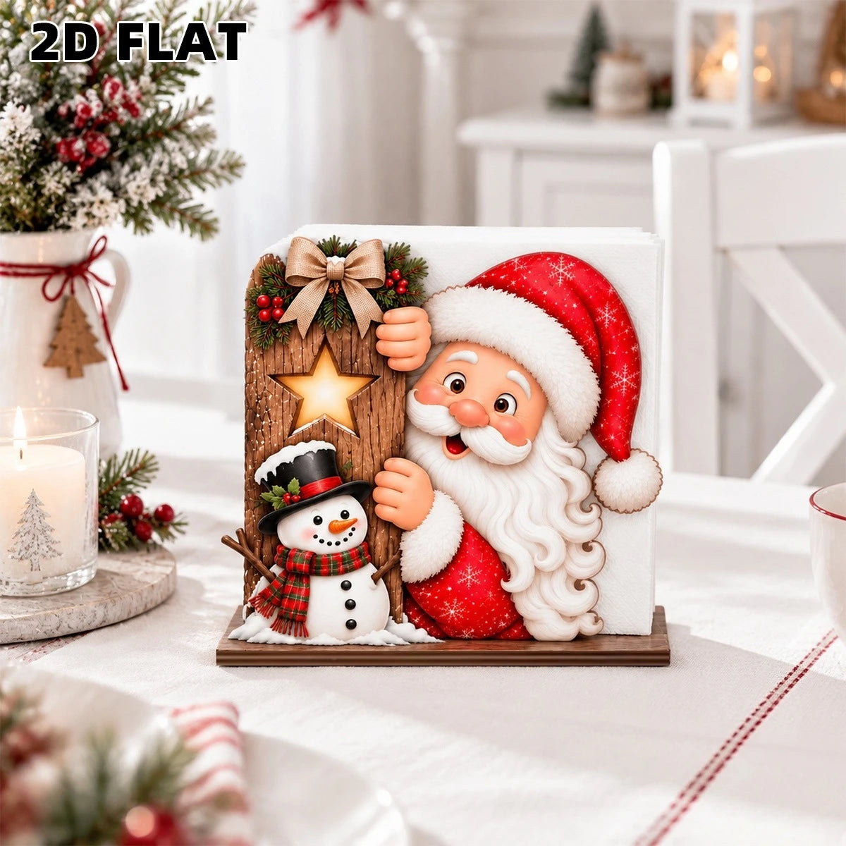 Santa Claus Wooden Napkin Holder - Holiday Tabletop Napkin & Tissue Holder, Christmas Dining Decor