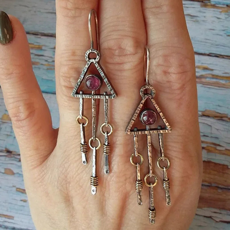 Boho Triangle Waterdrop Stone Drop Earrings - Orange Geometric Statement Earrings for Women