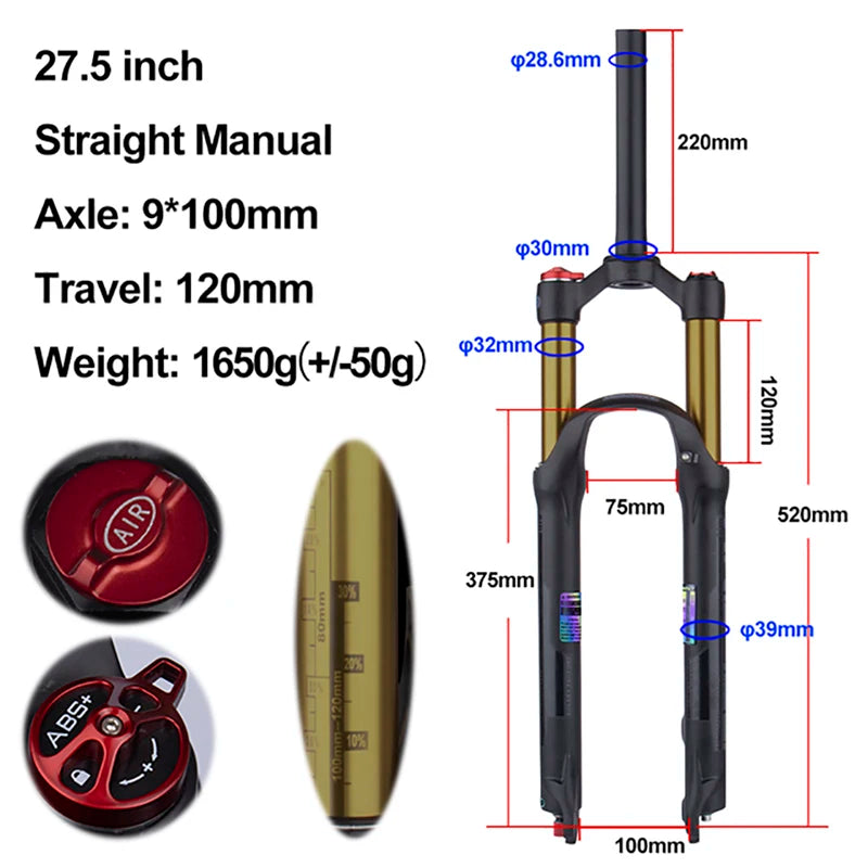MTB Air Suspension Fork — 120mm Travel, Rebound Adjustable, 26/27.5/29 in, 9x100mm Quick Release, Disc Brake Compatible