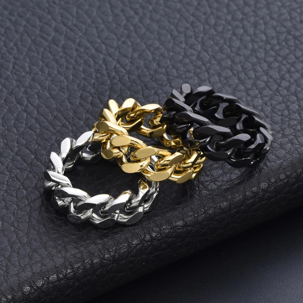 Men's Cuban Chain Ring – 316L Stainless Steel Gold-Plated Punk Minimalist Band, 8mm (0.31in) Wide, US Sizes 6–12