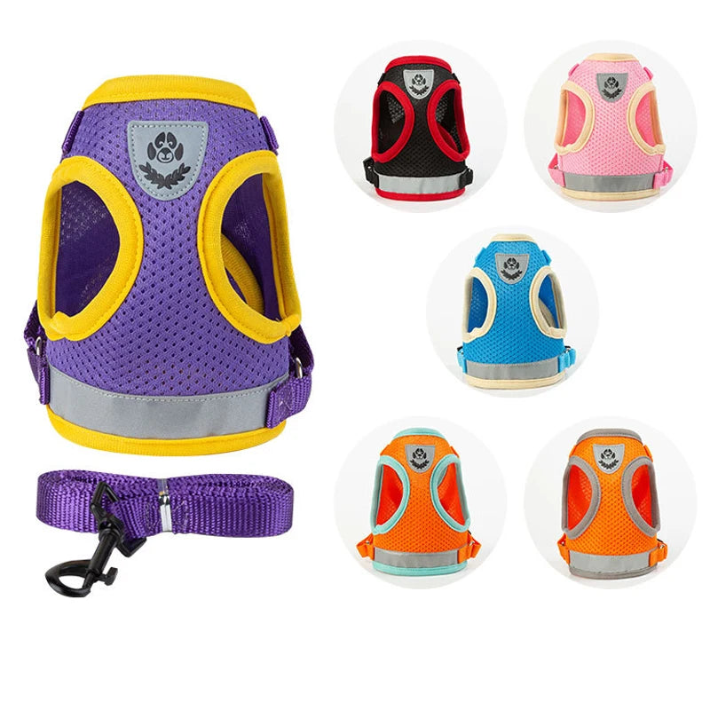 Reflective Adjustable Dog & Cat Harness Vest Set with 1.5m Leash – Breathable Mesh Puppy Kitten Harness (XS-L)