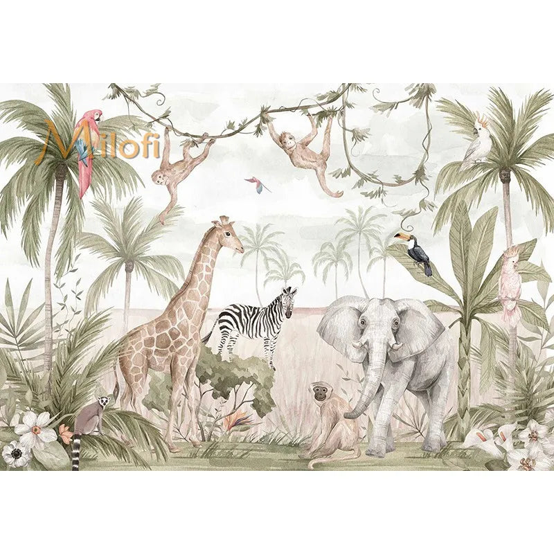Custom Watercolor Jungle Animal Peel-and-Stick Wall Mural - Giraffe Elephant Zebra Nursery & Kids Wallpaper