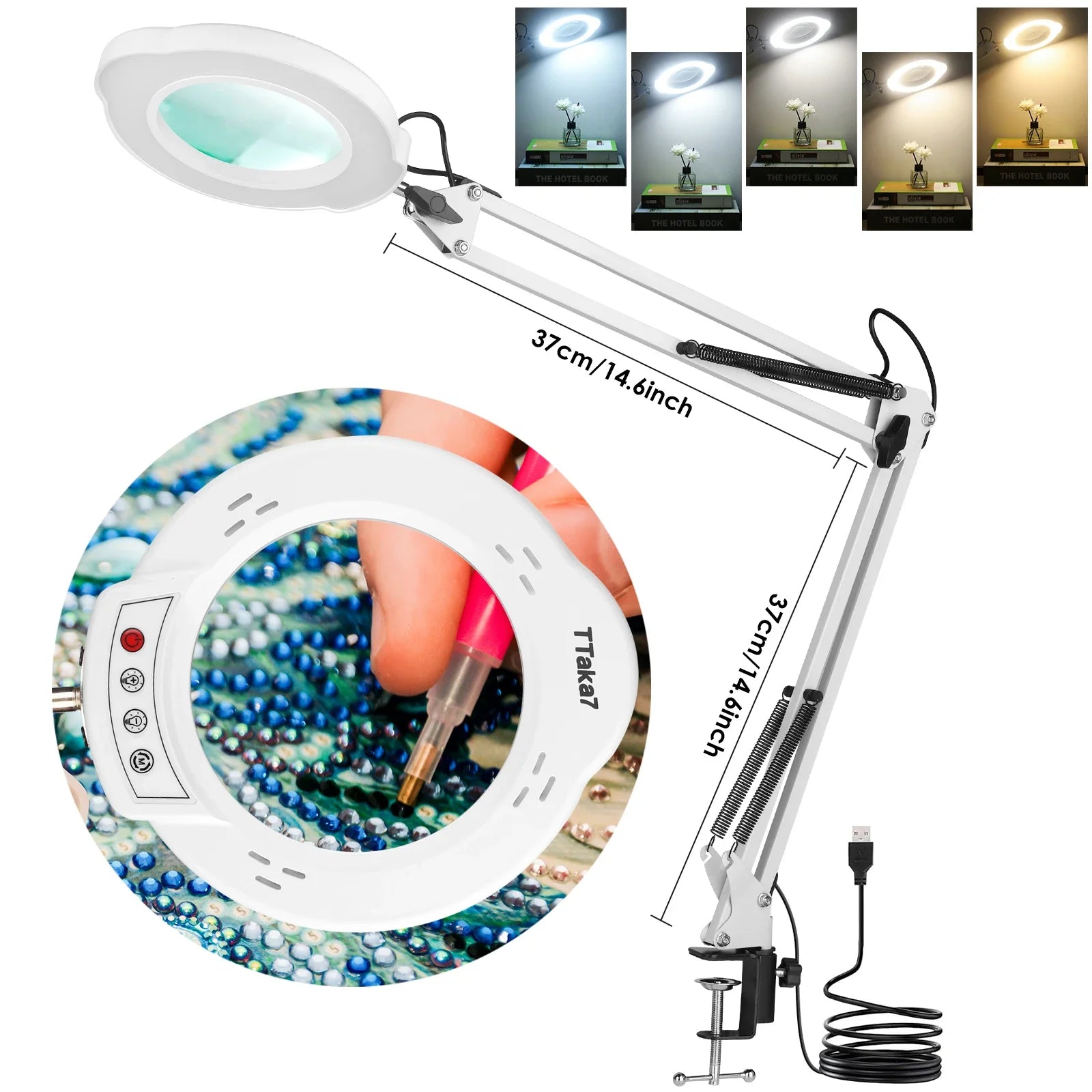 72-LED 8X/10X USB Illuminated Magnifying Lamp — 3-Color Adjustable LED Magnifier with Clamp for Soldering, Crafts, Repair & Skincare