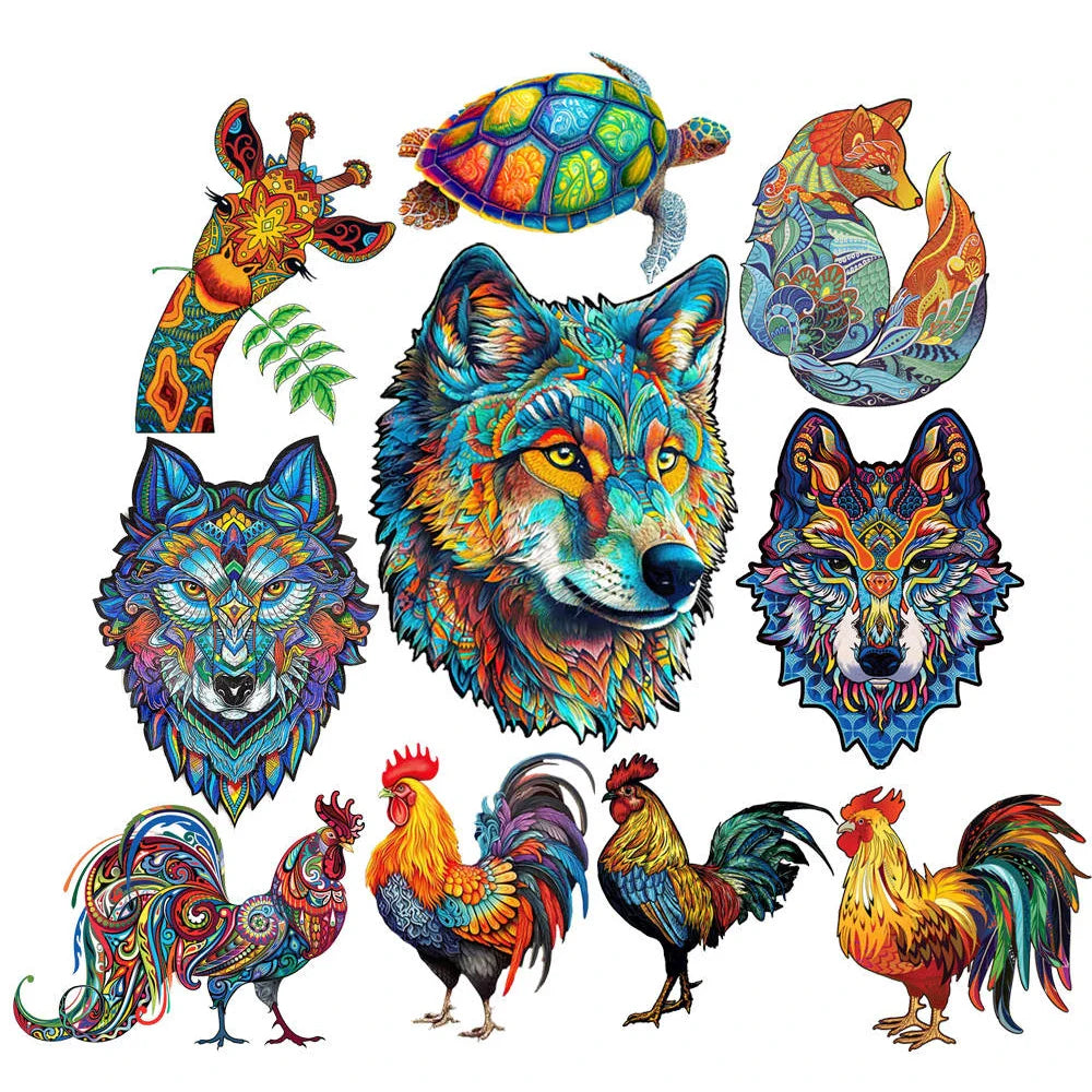 100-300 Piece Wooden Animal Jigsaw Puzzle - Wolf and Chicken Irregular Pieces 3D Brain Teaser for Adults & Kids Holiday Gift
