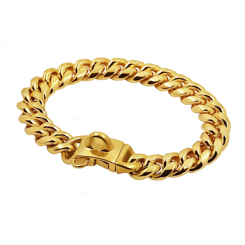 Stainless Steel Dog Collar Cuban Link 14mm Wide Gold & Silver - Durable Pet Collar for Small to Large Dogs