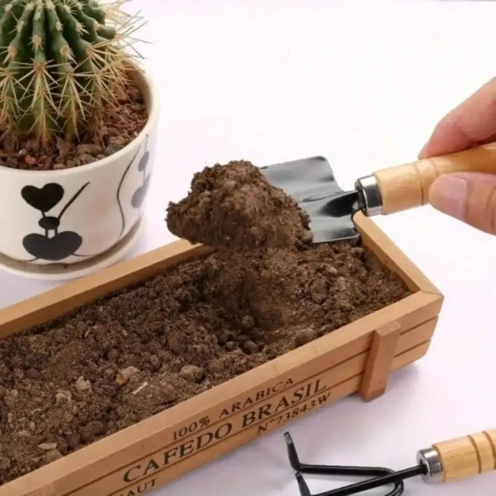 3-Piece Mini Indoor Planting Tool Set - Hand Trowel, Rake & Fork with Wooden Handles, Portable Gardening Tools for Small Plants