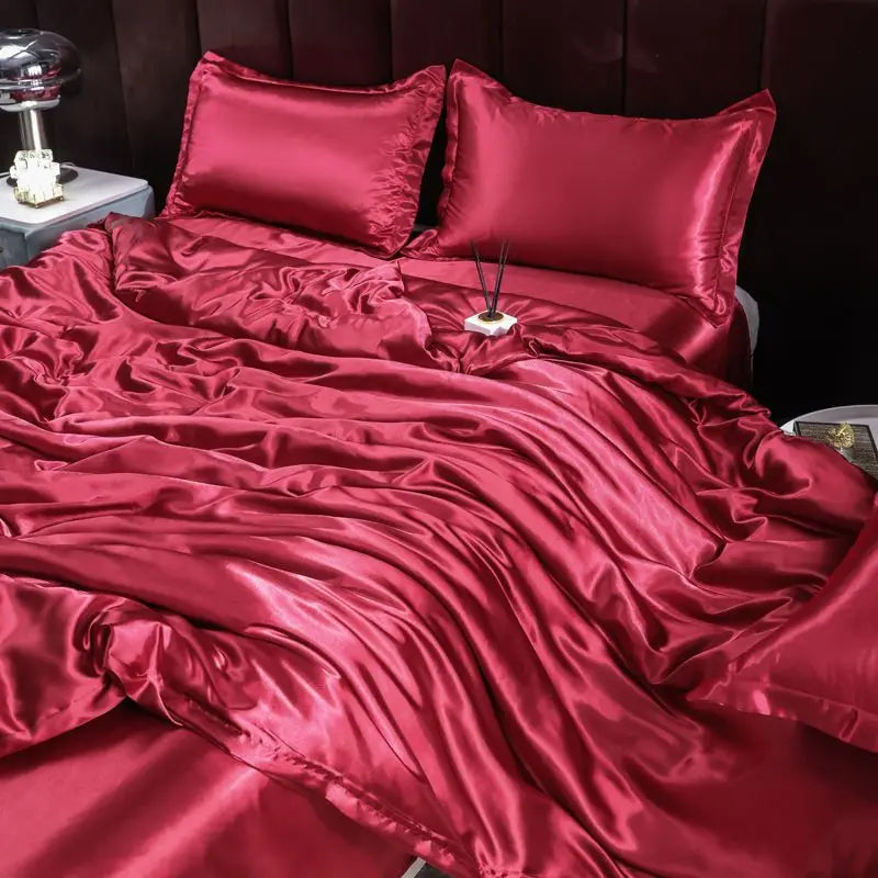 Ice Silk Satin 4-Piece Duvet Cover Set – Silky Solid Color Bedding (Duvet Cover + 2 Pillowcases + Sheet), Fits 1.5–2.2 m (5–7 ft) Beds