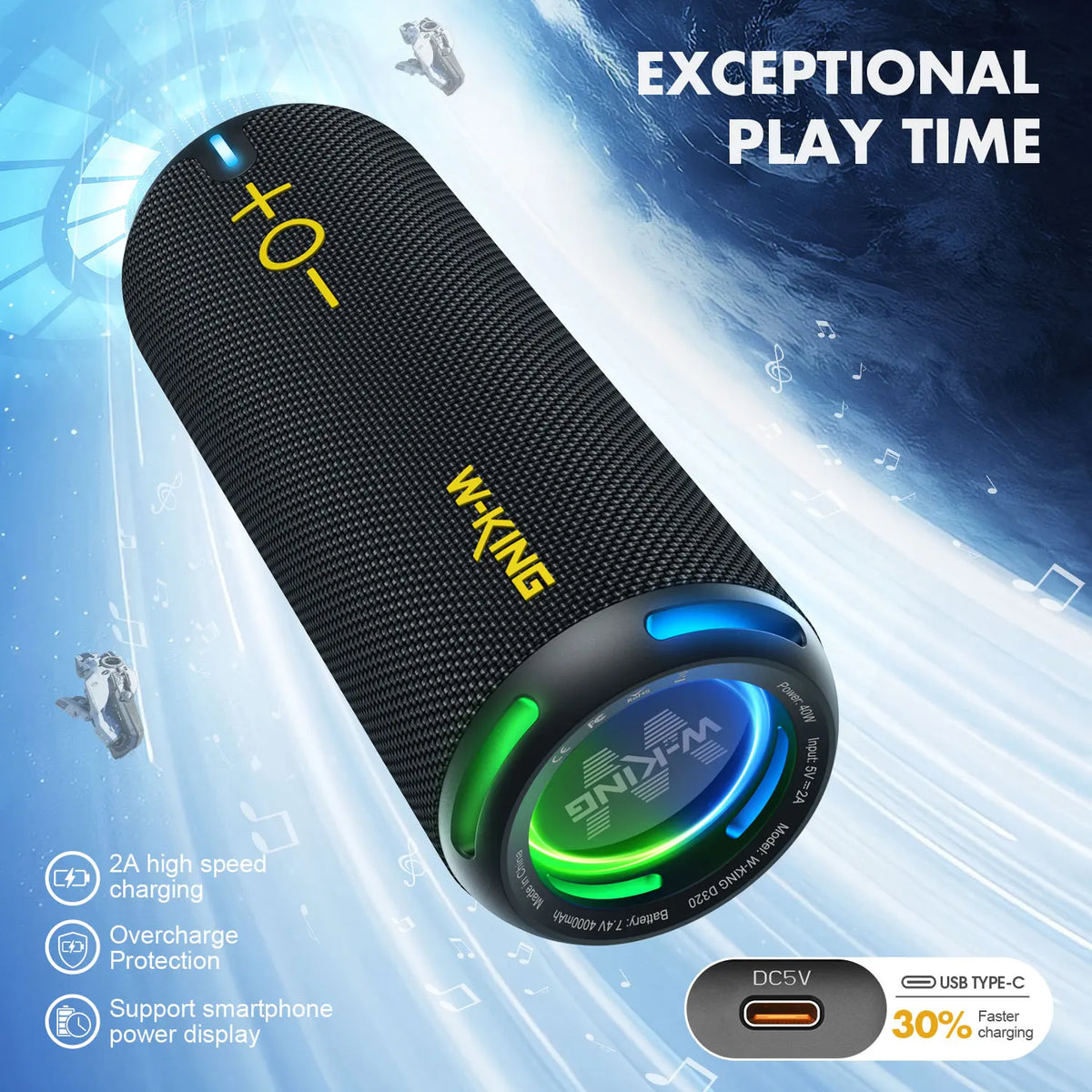 40W Portable Bluetooth Speaker IP67 Waterproof, APP EQ, TF/AUX, RGB Party Lights, 24H Battery, 360° Bass
