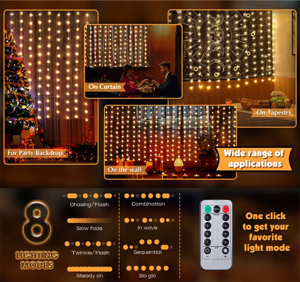 LED Fairy Curtain String Lights with Remote USB — 8 Modes Copper Wire 100–300 LEDs Holiday & Christmas Decor