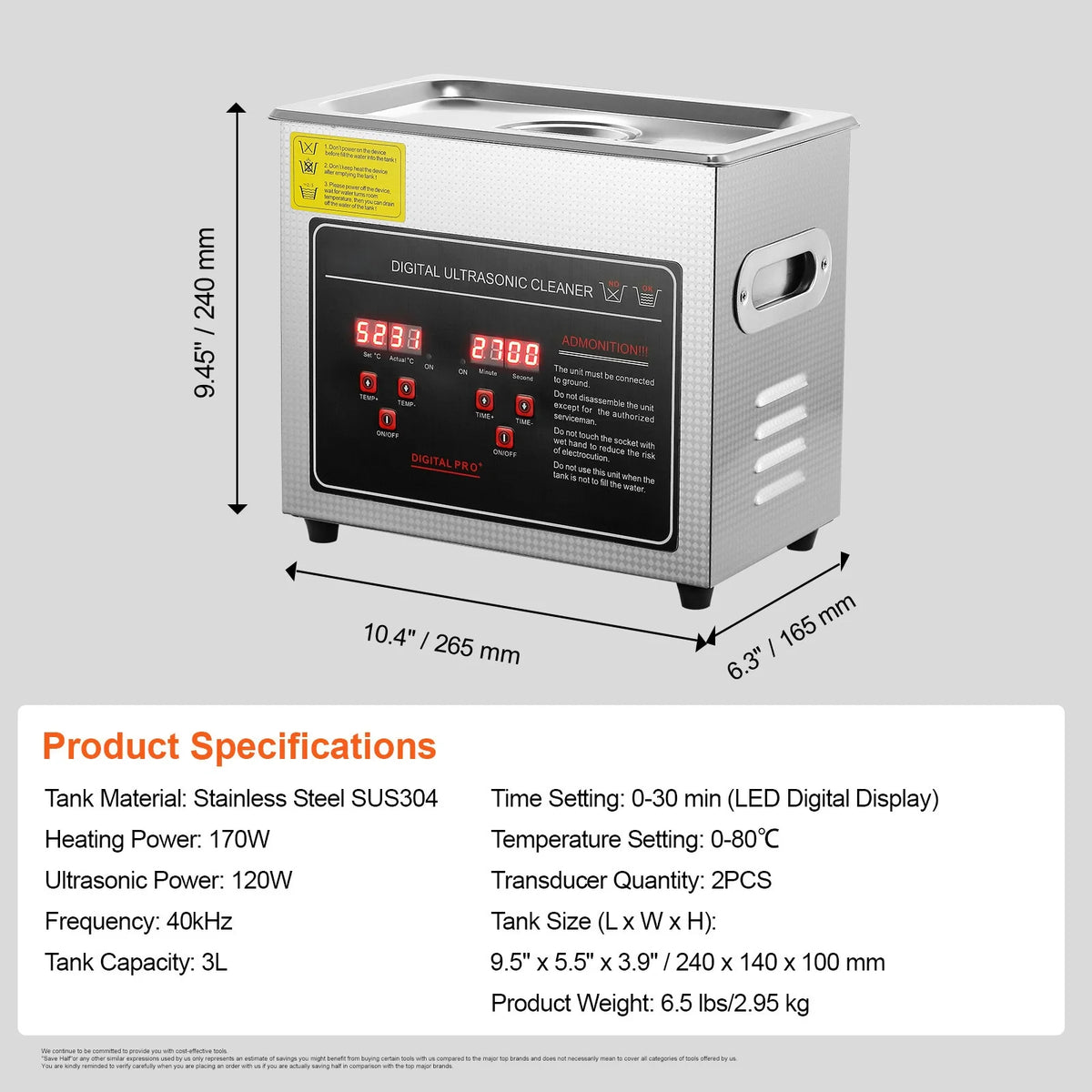 Stainless Steel Ultrasonic Cleaner — Portable Jewelry, Watch & Parts Washer (1.3–30L / 0.34–7.9 gal)