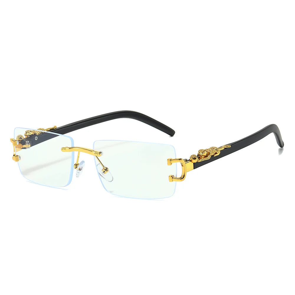 Rimless Rectangular Sunglasses with Cheetah Accent, UV400 Sun Protection, Unisex