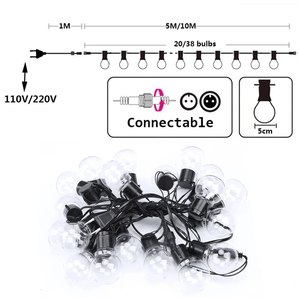 Festoon LED Globe String Lights – 6m (19.7ft) / 11m (36.1ft) / 16m (52.5ft) with 20/38/60 Globe Bulbs, Outdoor Party & Christmas Garland
