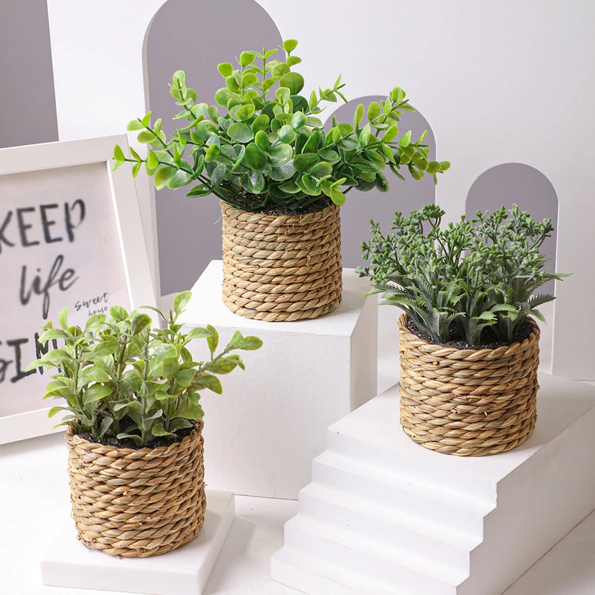 Artificial Eucalyptus Potted Plant 17 cm (6.7 in) Faux Fern Grass Tuft – Small Desktop Home Decor