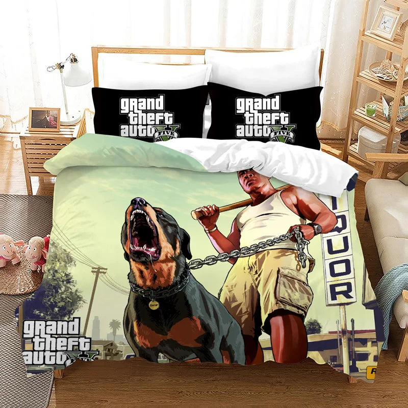 GTA V Cartoon 3-Piece Bedding Set — Printed Duvet Cover & 2 Pillowcases, Twin to King (68×86–104×90 in / 172×218–264×228 cm)