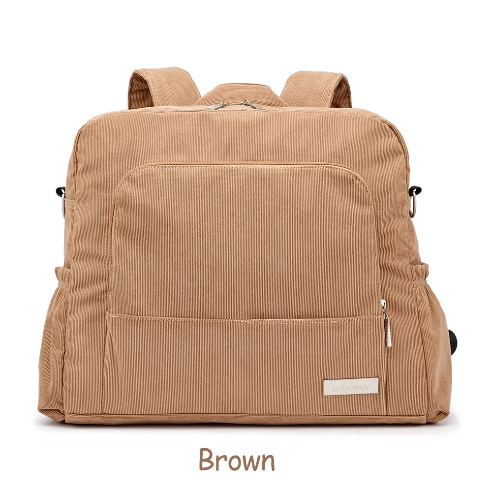 Large Corduroy Diaper Backpack for Mom – Spacious Baby Changing Bag with Multiple Pockets