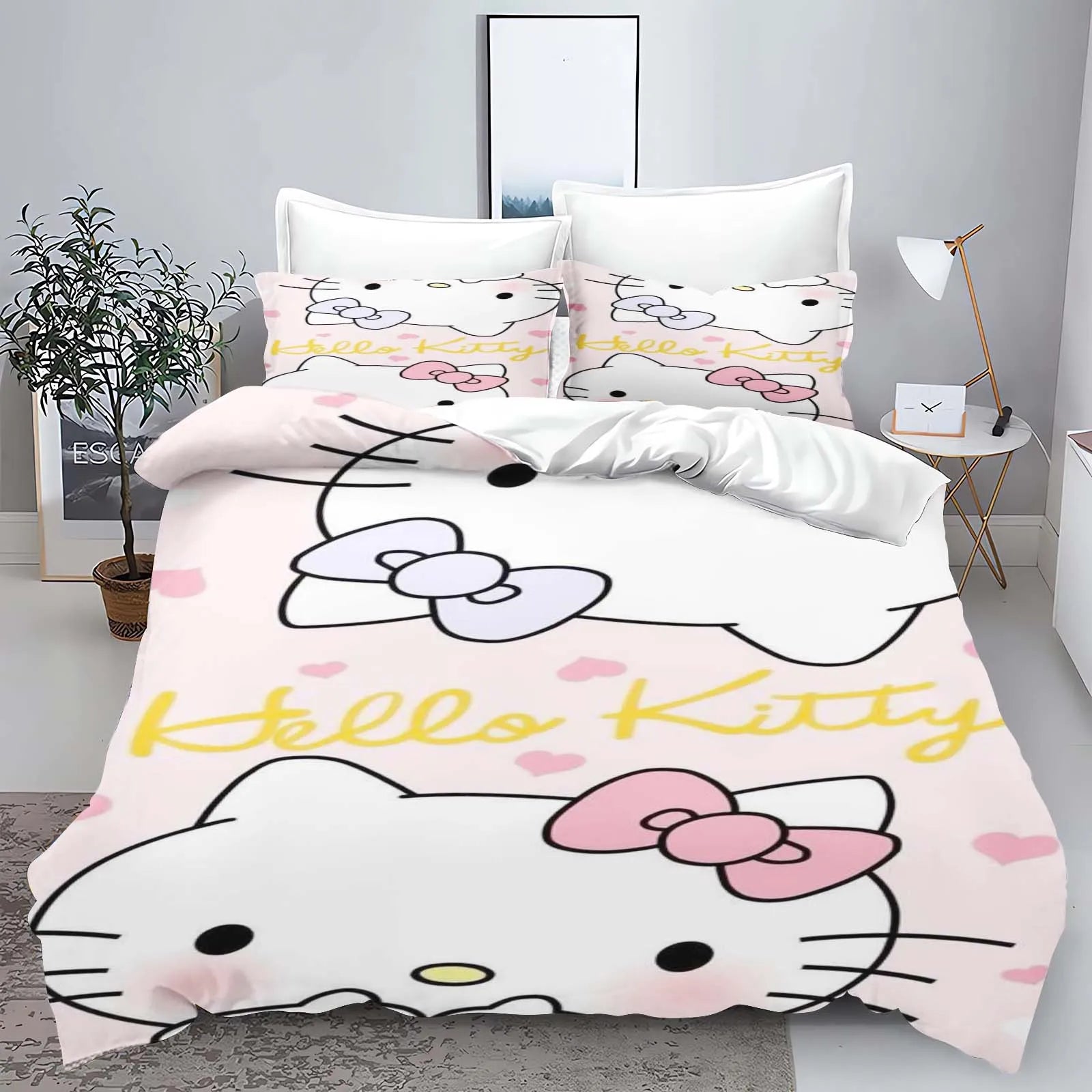 Hello Kitty Kids Bedding Set – 3-Piece Quilt Cover & 2 Pillowcases, 100% Polyester, Printed Cartoon, Multiple Sizes (Twin to King)
