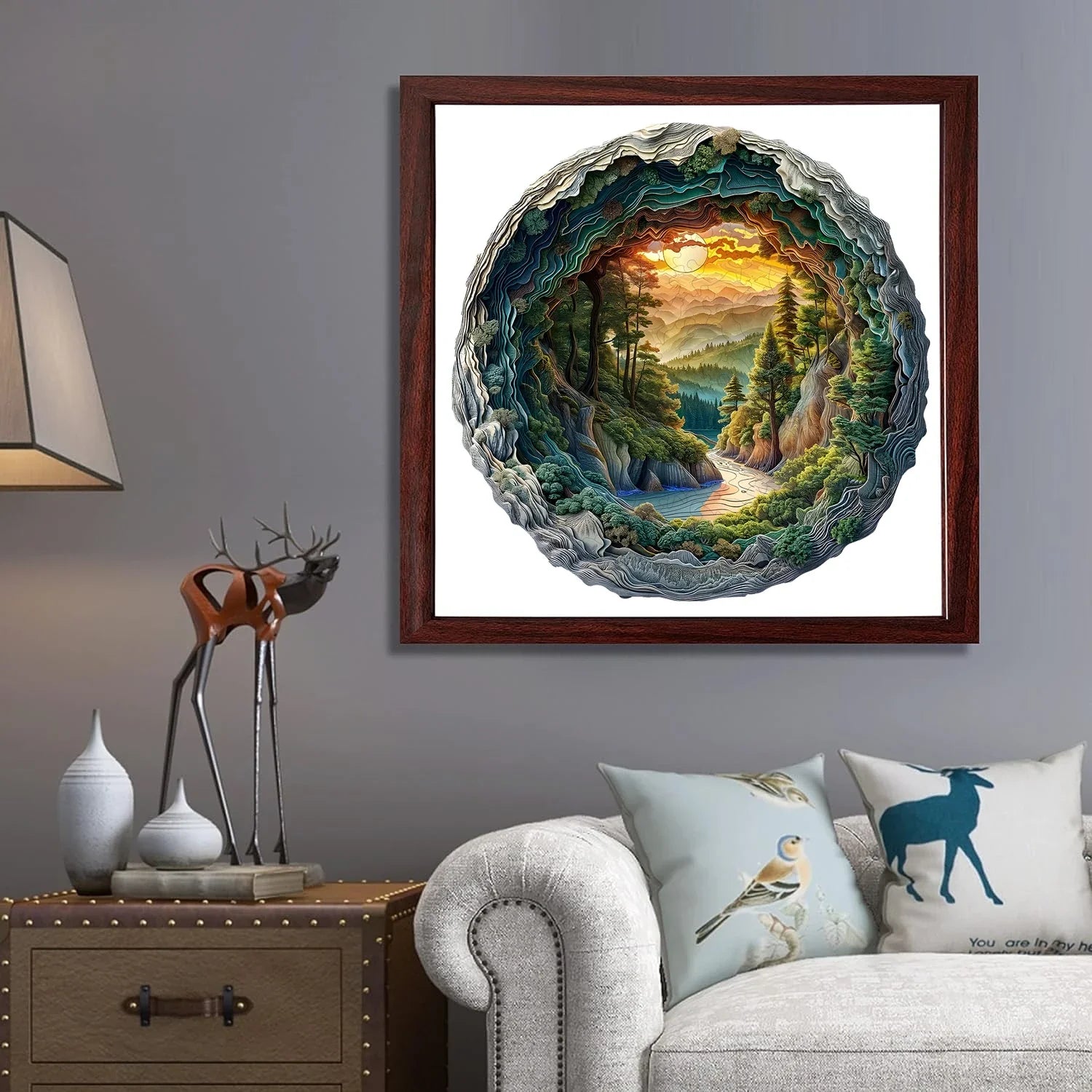 Wooden Jigsaw Puzzle for Adults, Winter Forest River Sunset, Flat 3D Visual Effect