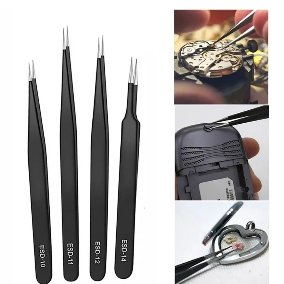 Antistatic Stainless Steel Tweezers Set - 6-Piece Precision ESD Tweezers (Curved & Straight) for Electronics Repair, Model Making & Beauty