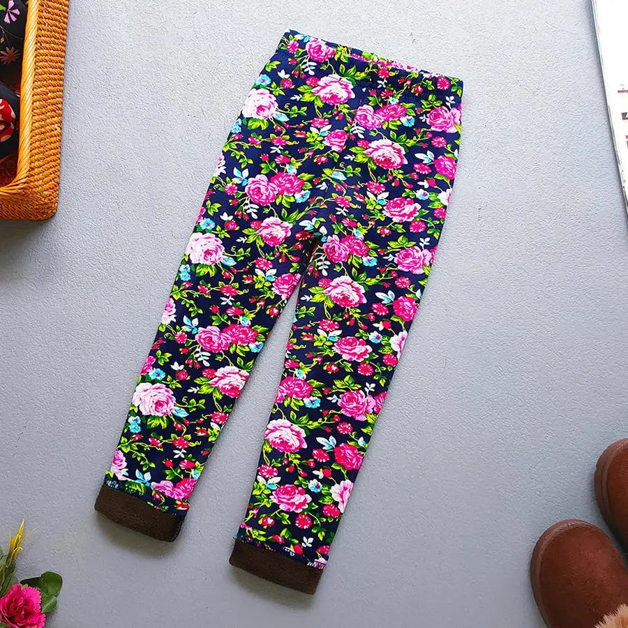 Girls Floral Fleece-Lined Leggings - Thick Warm Winter Pants for Toddlers and Kids (2-11 Years)
