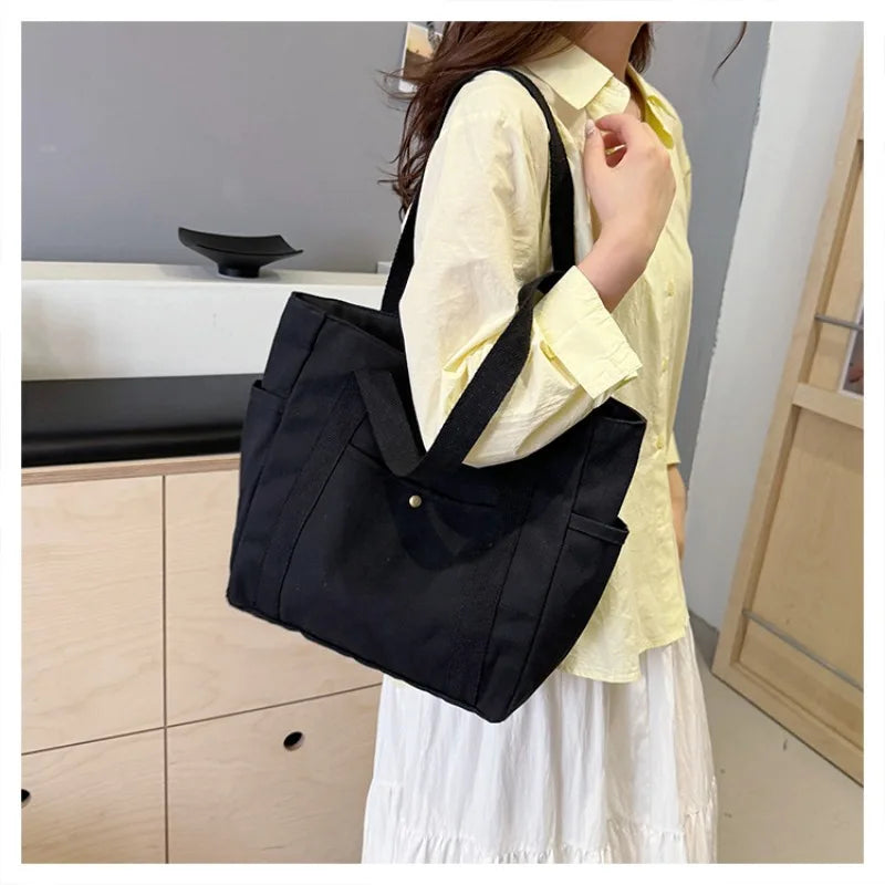 Large Capacity Canvas Tote Bag for Work, College and Shopping, Multi-Pocket Shoulder Book Bag