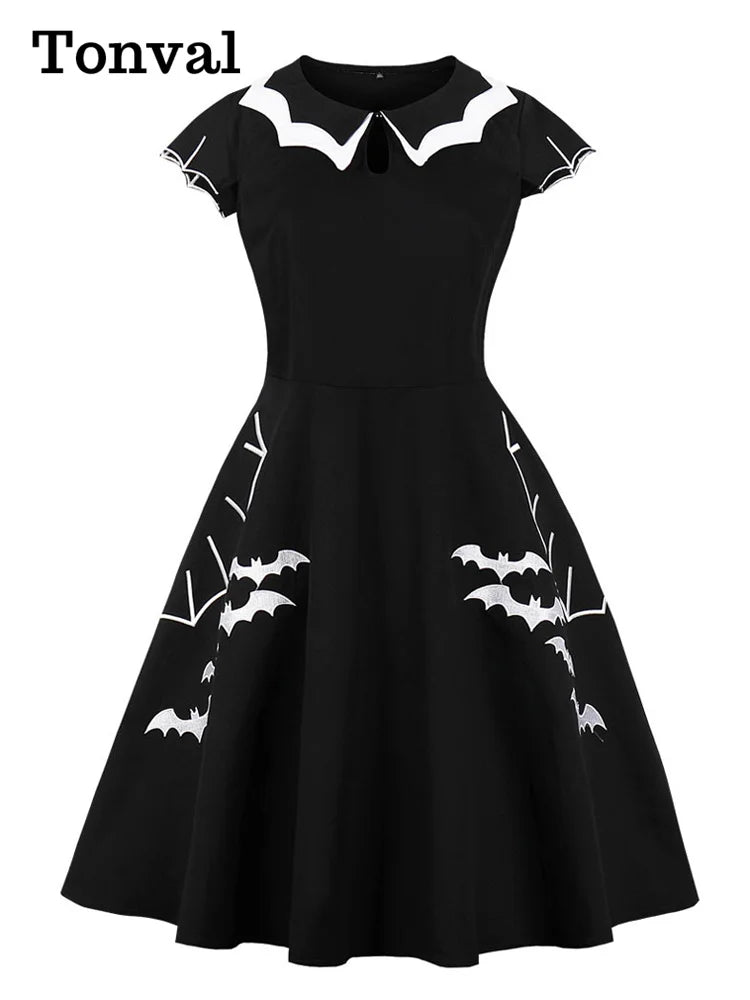 Bat Embroidered Halloween Party Vintage A-Line Dress for Women Cap Sleeve Keyhole Front