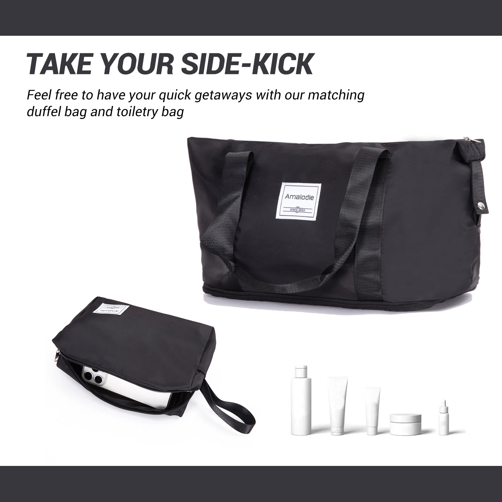 FanzyMarket 5-piece hardshell luggage set with spinner suitcases, TSA lock, duffle bag, and toiletry bag in various sizes.