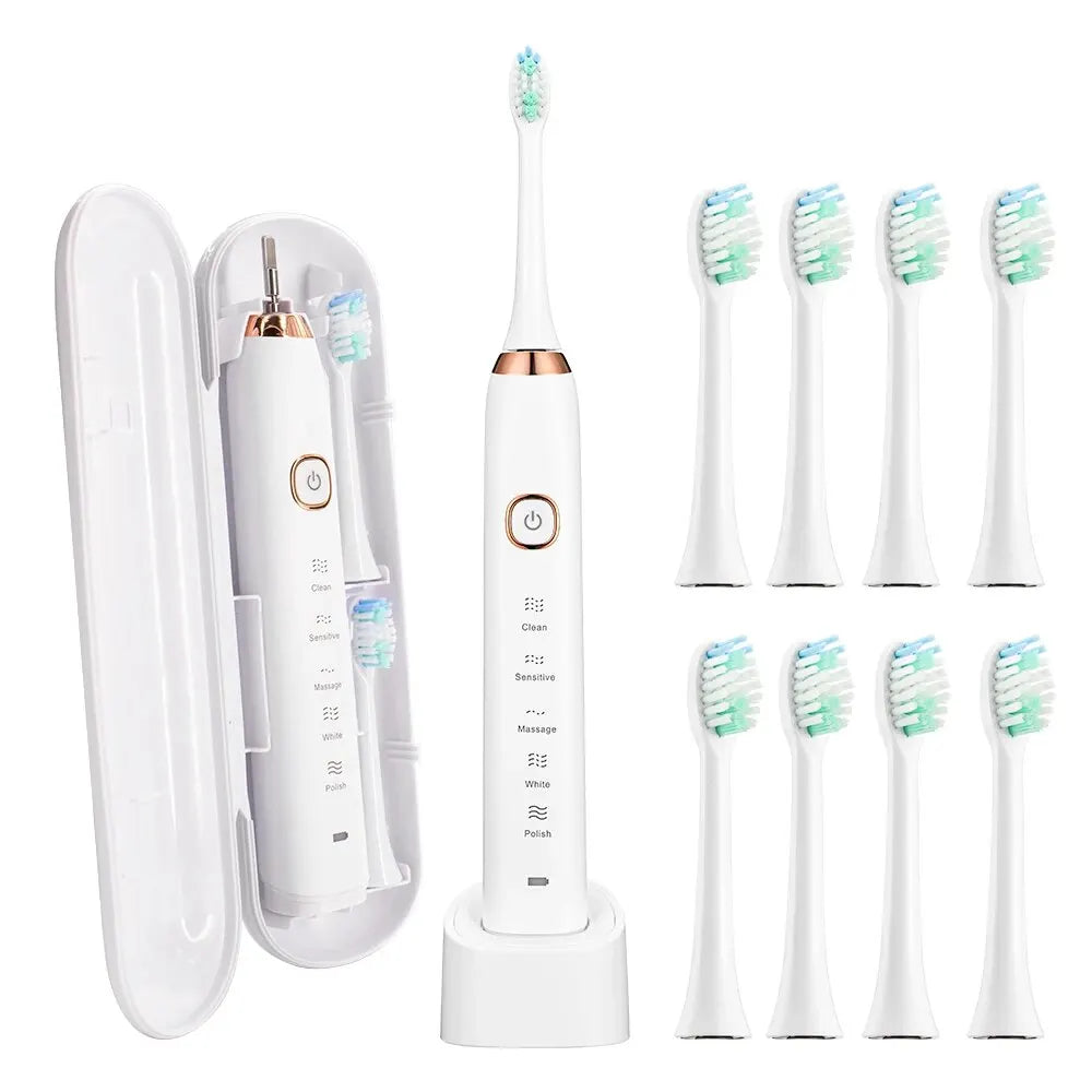 Sonic Ultrasonic Electric Toothbrush Rechargeable USB Type-C, 8 Replacement Brush Heads, Waterproof, Whitening, 5 Modes