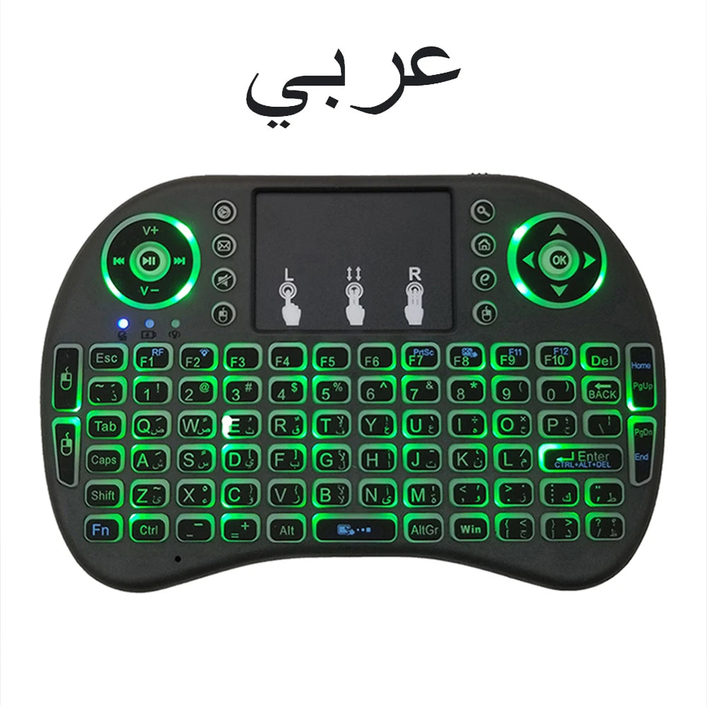 2.4G Air Mouse Touchpad Keyboard – Backlit Mini Wireless QWERTY Remote for PC & Android TV Box (Arabic, French, Spanish, Russian)