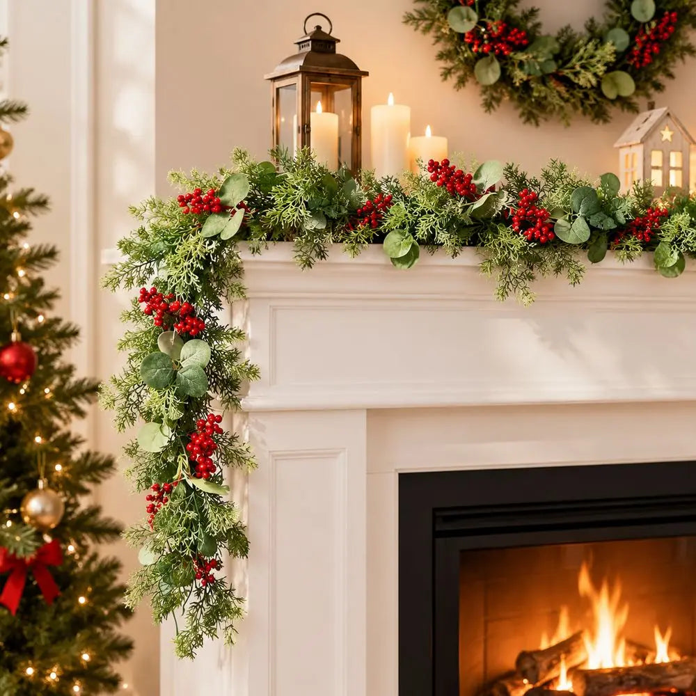 5.9 ft (1.8 m) Eucalyptus Christmas Garland with Red Berries & Pine Cones — Flexible Holiday Vine for Door, Mantel & Staircase