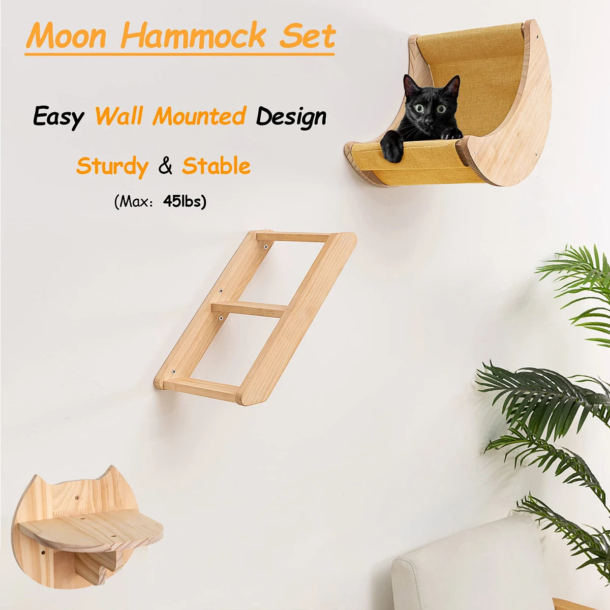 Moon-Shaped Wall-Mounted Cat Shelf & Hammock - Solid Pine Wood Climbing Shelves with Ladder Perches for Indoor Cats