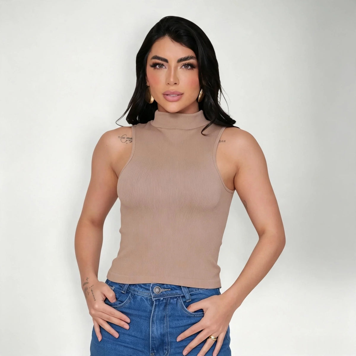 High Neck Ribbed Sleeveless Tank Top with Cutout Shoulder, Chic Women's Summer Knit