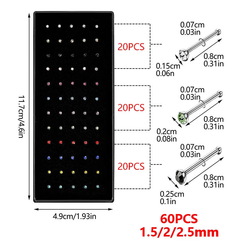 40/60-Piece Crystal 316L Stainless Steel Nose Piercing Kit - Straight L Studs & Helix Body Jewelry