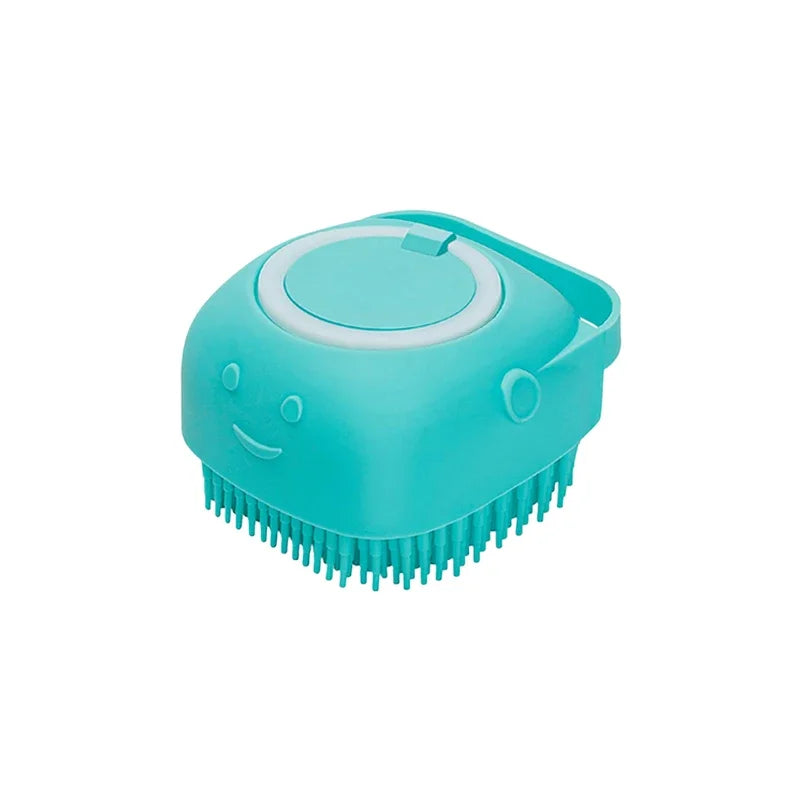 Dog & Cat Silicone Bath Brush with Shampoo Dispenser — Soft Rubber Bristles for Grooming & Massage