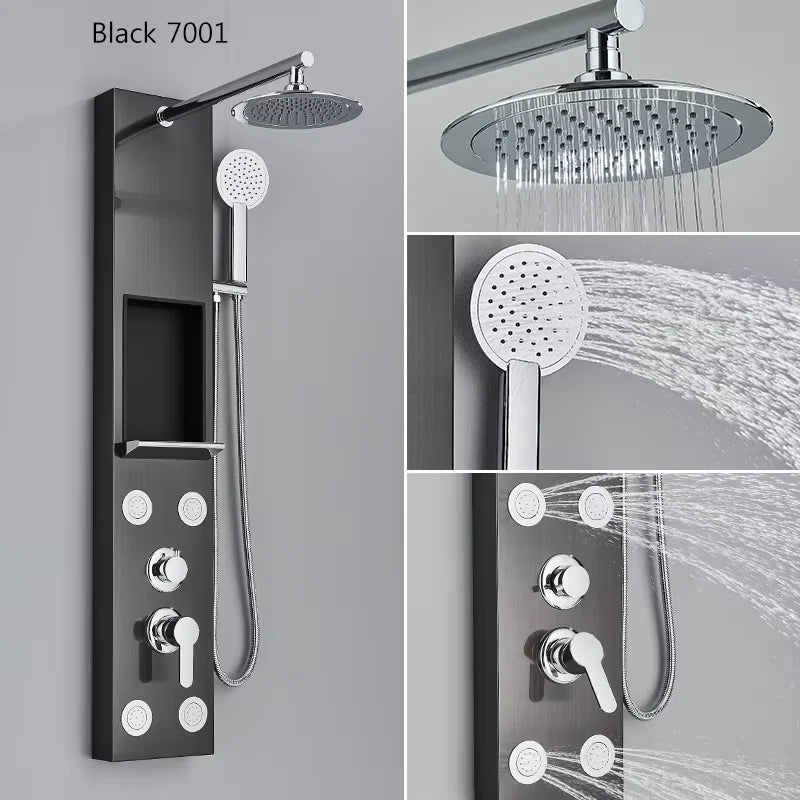 Black Shower Panel Column with Rain & Waterfall Shower Head, Massage Jets and Mixer Faucet