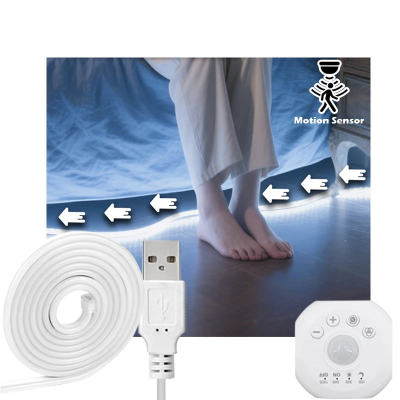USB 5V Motion Sensor LED Strip Light – Chase Effect, 1–5 m (3.3–16.4 ft) Motion-Activated Under-Cabinet, Stair & Under-Bed Lighting