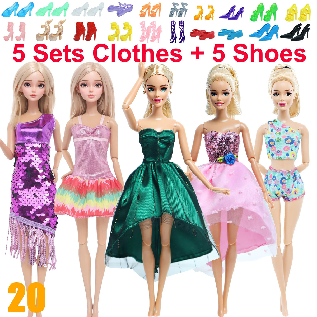 10-Piece 1/6 Scale Doll Clothes Set for 11.5–12 in (30 cm) Dolls — Dresses, Shirts, Pants & Shoes