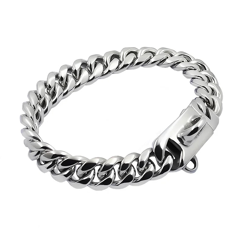 Stainless Steel Dog Collar Cuban Link 14mm Wide Gold & Silver - Durable Pet Collar for Small to Large Dogs