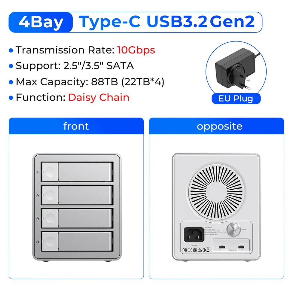 5-Bay 10Gbps SATA HDD & SSD Docking Station, 2.5"/3.5" USB 3.2 Gen2 Type-C Enclosure with Daisy Chain & 150W Power